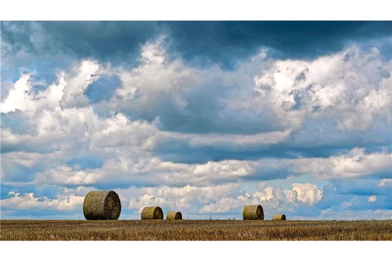 Dunkle Regenwolken ziehen über ein abgeerntetes Getreidefeld mit Strohrollen (Symbolbild).