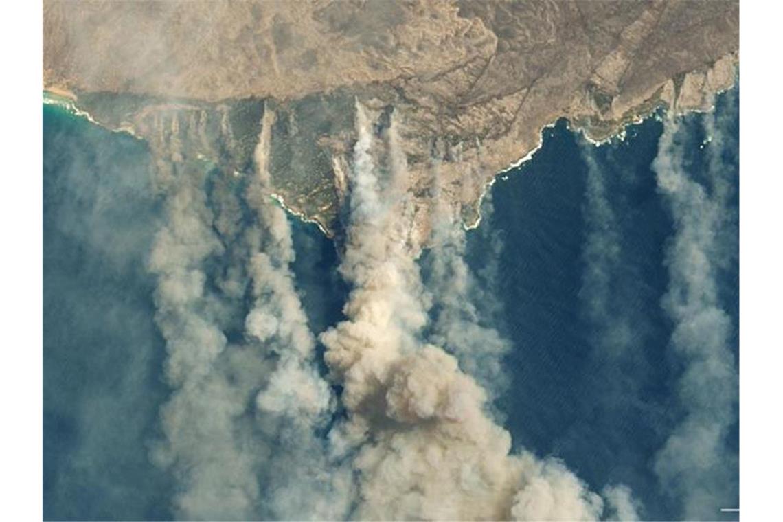 Durch verschiedene Buschbränden verursachte Qualmwolken wehen von der südaustralischen Känguru-Insel aufs Meer. Foto: Nasa Earth/ZUMA Wire/dpa