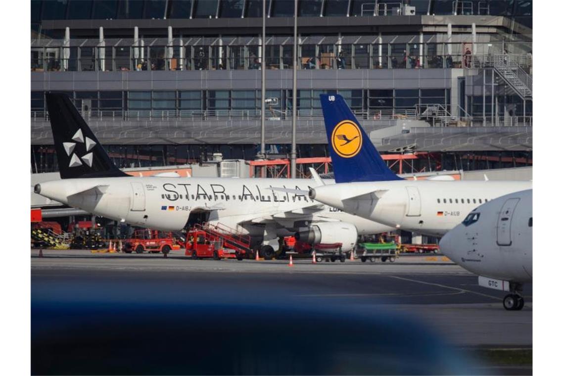 Ein A319 und ein A320 der Lufthansa stehen auf dem Rollfeld vor dem Terminal auf dem Flughafen Hamburg in der Sonne. Foto: Gregor Fischer/dpa