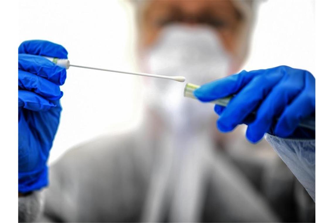 Labore im Land haben noch viel Luft für Corona-Tests Ein Abstrichstäbchen wird in einer ambulanten Corona-Test- Einrichtung gehalten. Foto: Britta Pedersen/dpa-Zentralbild/dpa/Archivbild