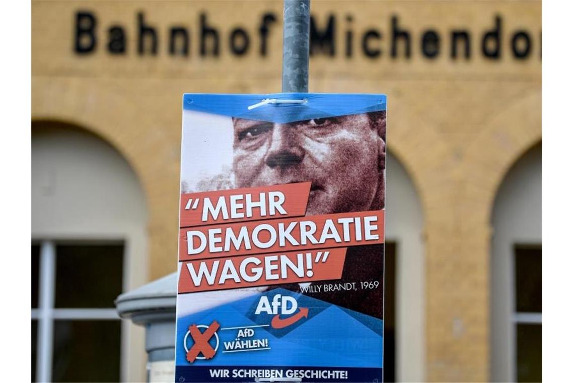 Ein AfD-Plakat mit dem Konterfei Willy Brandts hängt am Bahnhof von Michendorf in Brandenburg. Foto: Britta Pedersen