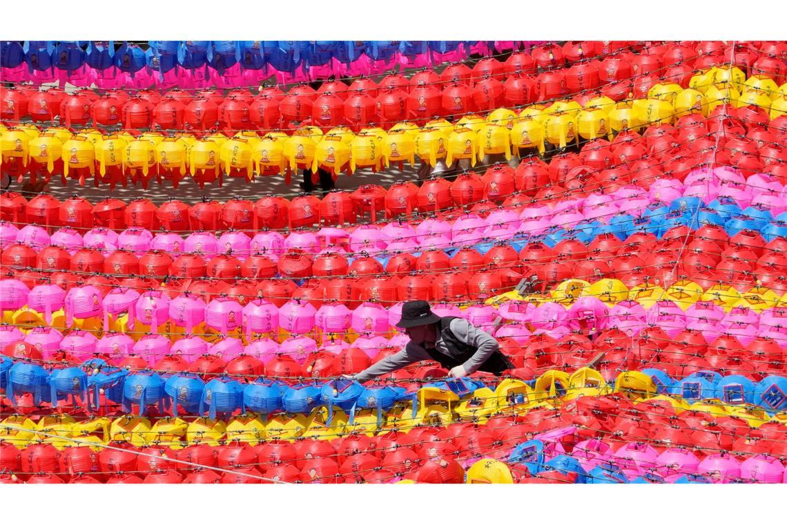 Ein Arbeiter arrangiert Laternen für die bevorstehenden Feierlichkeiten zu Buddhas Geburtstag in der südkoreanischen Hauptstadt Seoul.