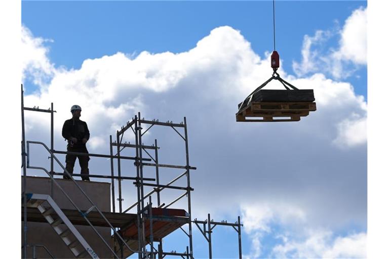 Ein Arbeiter dirigiert auf einer Baustelle einen Kran. Foto: Soeren Stache/dpa-Zentralbild/dpa