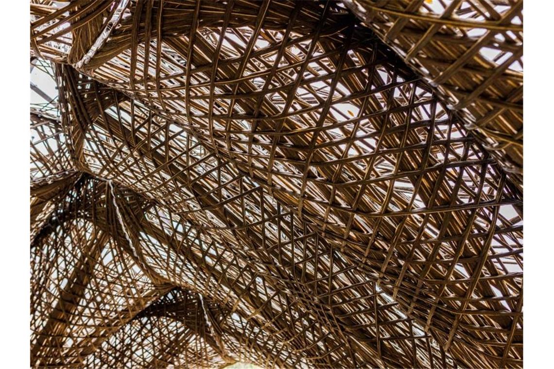 Ein aus Flachs- und Sisal-Fasern gebauter Pavillon steht im Botanischen Garten in Freiburg. Foto: Philipp von Ditfurth/dpa