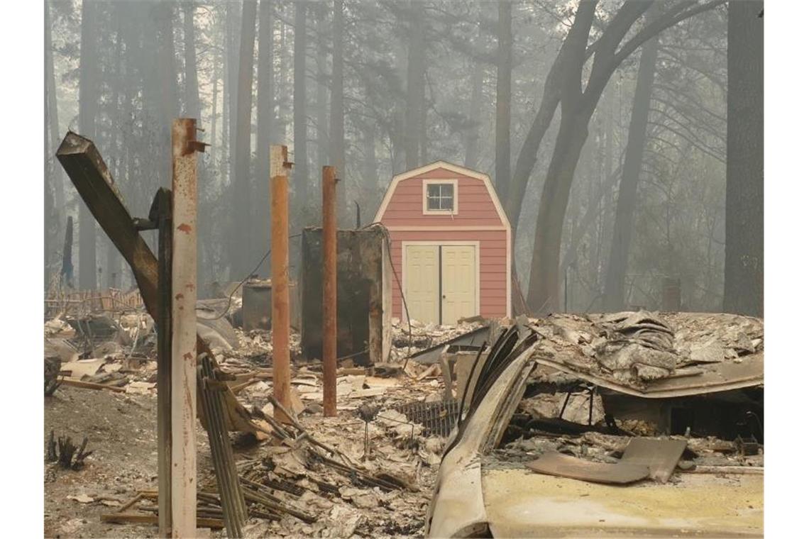 Ein ausgebranntes Fahrzeug und Trümmer nach den Waldbränden in Paradise. Foto: Barbara Munker/dpa