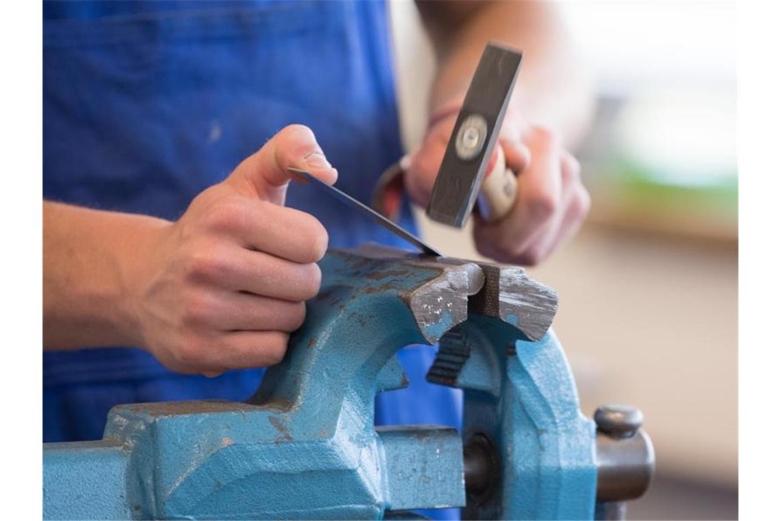 Land hofft bei Ausbildung auf Bundeshilfen Ein Auszubildender steht mit einem Hammer an einem Schraubstock. Foto: Sebastian Kahnert/dpa-Zentralbild/dpa/Symbolbild