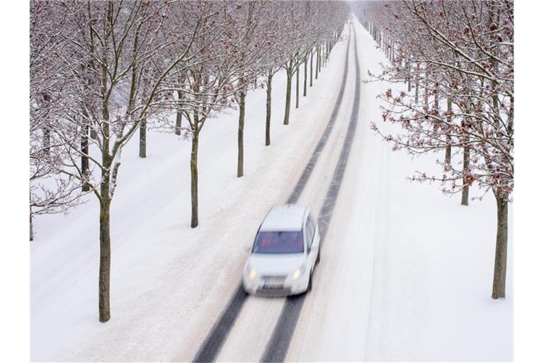 Ein Auto fährt durch eine verschneite Allee. Foto: Klaus-Dietmar Gabbert/dpa-Zentralbild/dpa/Symbolbild