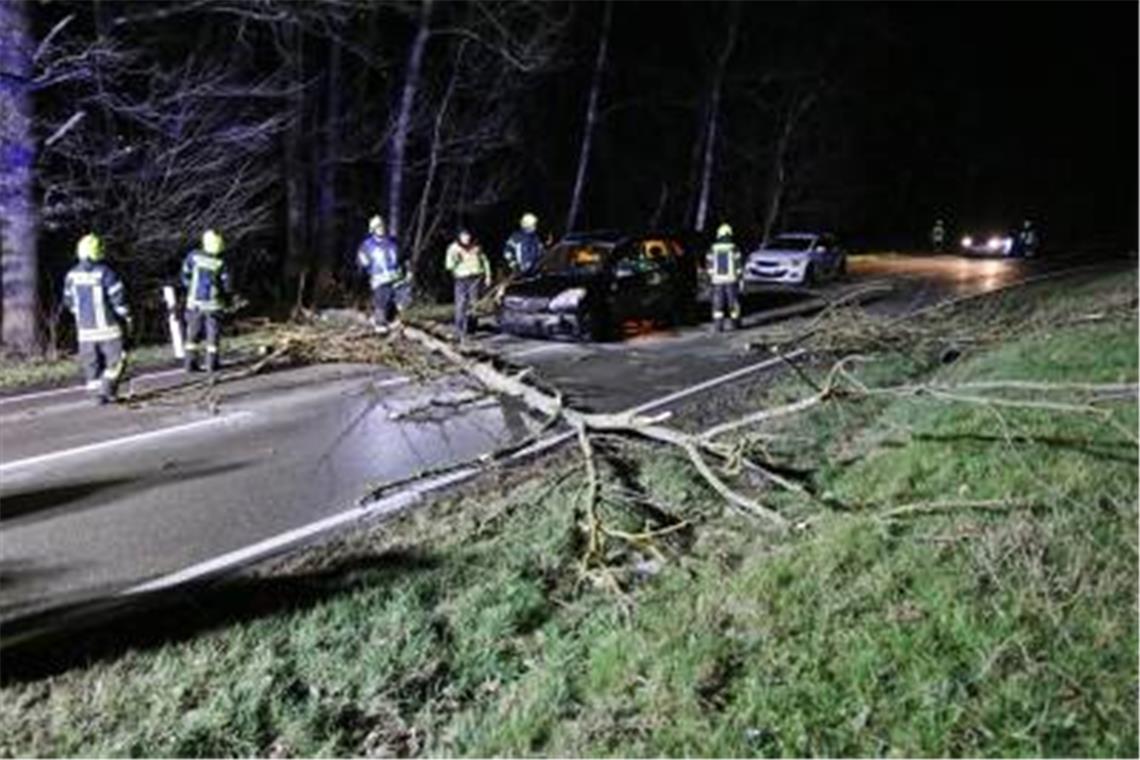 Ein Baum fällt in Berglen auf ein fahrendes Auto