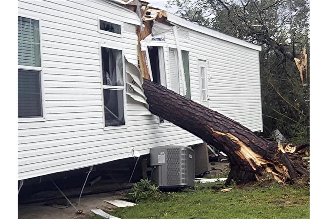 Ein Baumstamm ragt in ein Wohnmobil in einem Wohnwagenpark in Westlake (Louisiana). Foto: Jessica Ruth Shotwell/Jessica Ruth Shotwell/AP/dpa