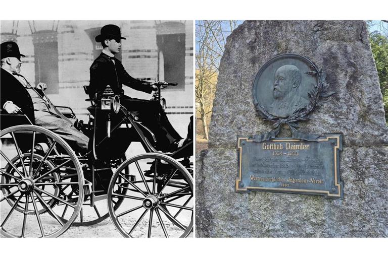 Ein bekanntes Foto: Gottlieb Daimler wird von seinem Sohn gefahren. Im Kurpark in Bad Cannstatt erinnert unter anderem diese Tafel an den Pionier.