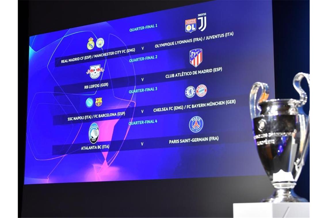 Bayern vor beschwerlichem Königsweg - Leipzig gegen Atlético Ein Blick auf die Anzeige mit den Begegnungen für das Viertelfinale der Champions League. Foto: Harold Cunningham/UEFA via Getty Images/dpa
