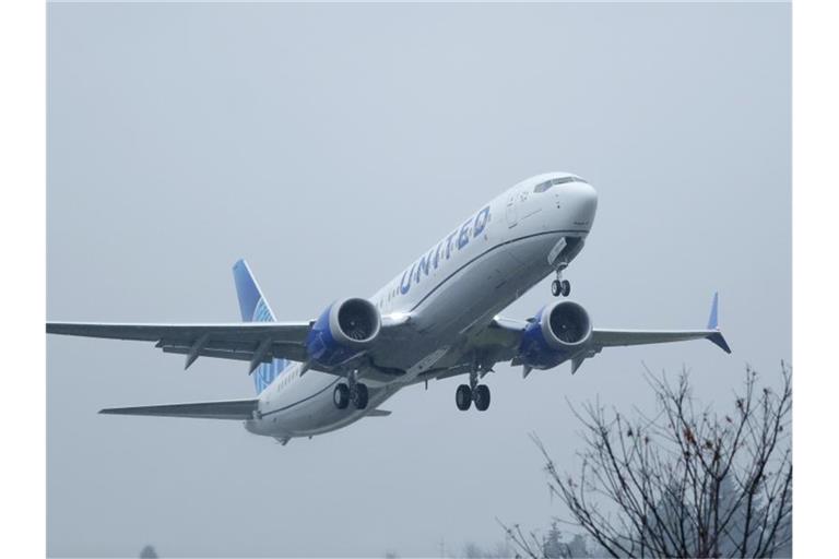 Ein Boeing 737 Max-Flugzeug von United Airlines. Foto: Ted S. Warren/AP/dpa