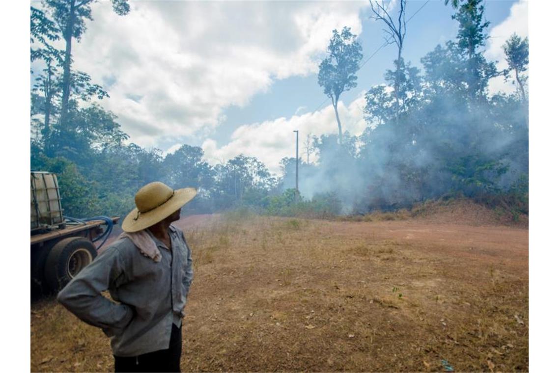 Klimaforscher: Wärmster September seit Jahrzehnten Ein brasilianischer Farmer beobachtet einen Waldbrand bei Alto Rio Guama. Foto: João Paulo Guimarães/dpa