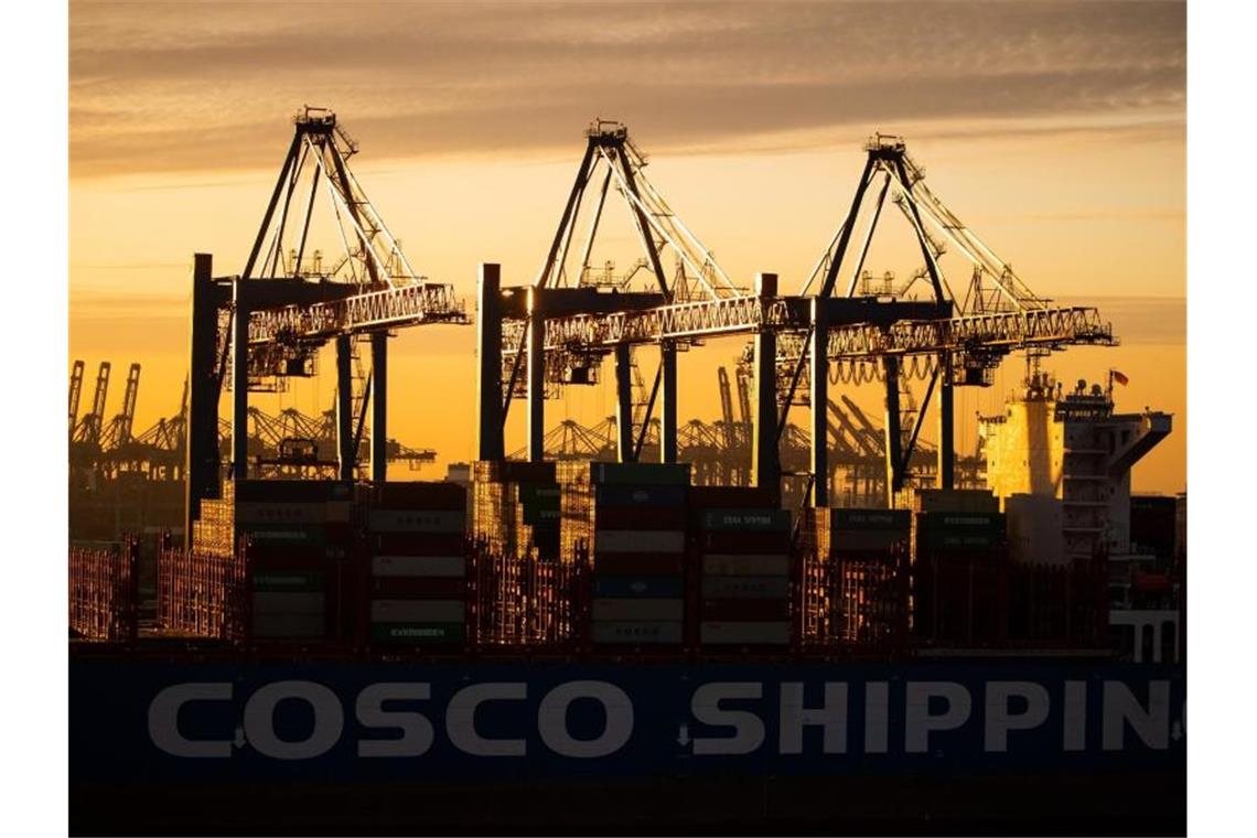 Ein Containerschiff der China Ocean Shipping Company (COSCO) am Containerterminal Tollerort der Hamburger Hafen und Logistik AG (HHLA). Die OECD hat ihren neuen Konjunkturbericht vorgelegt. Foto: Christian Charisius/dpa