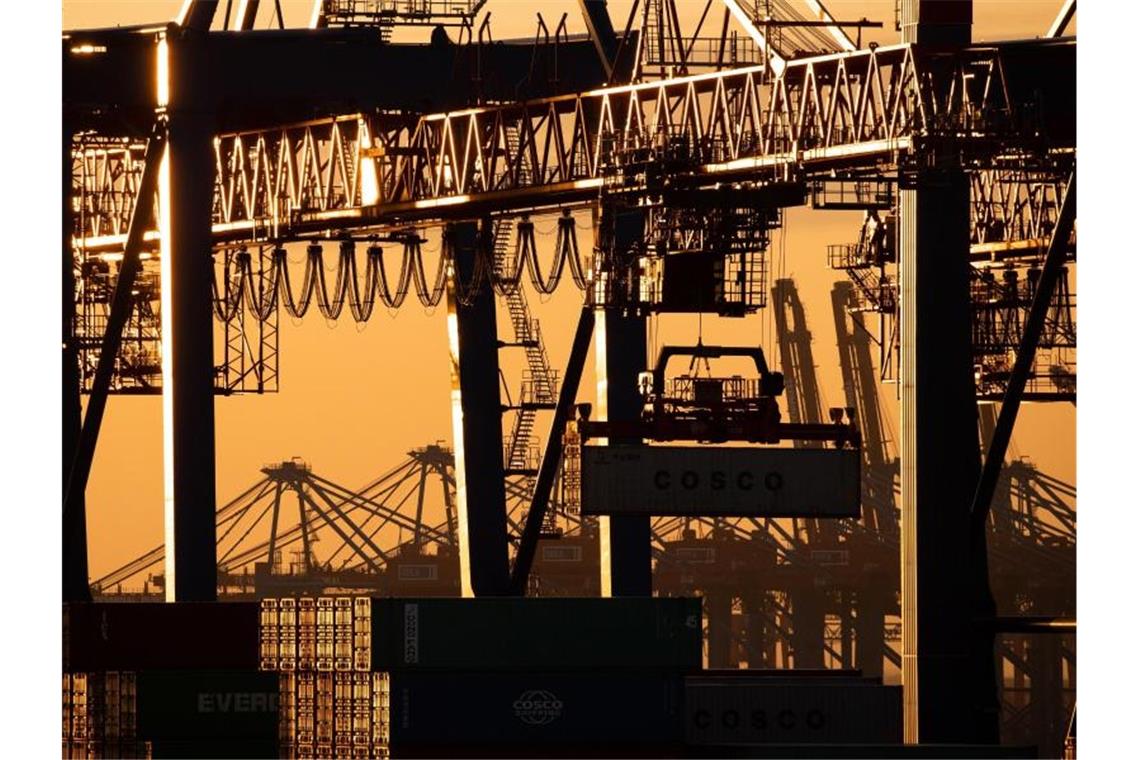 Ein Containerschiff der China Ocean Shipping Company (COSCO) wird am Containerterminal Tollerort im Hamburger Hafen entladen. Foto: Christian Charisius/dpa