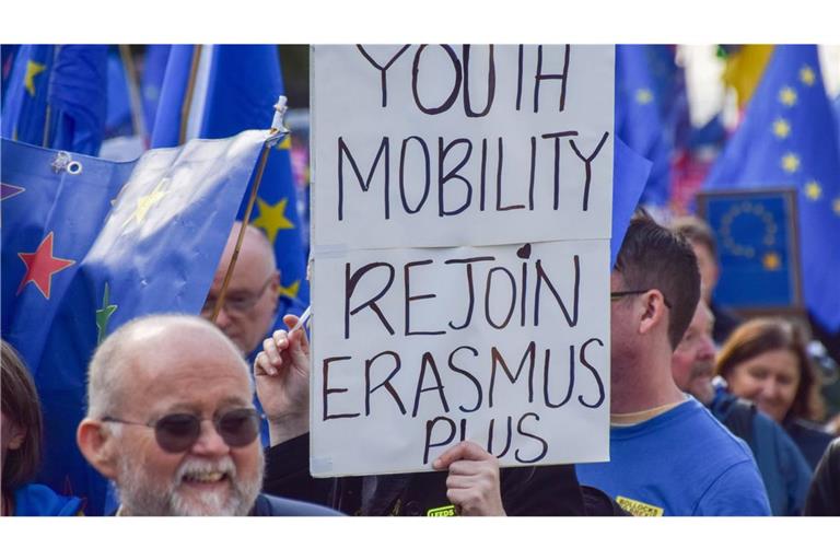 Ein Demonstrant, wie er den Wiedereintritt Großbritanniens in das Erasmus+-Programm forderte (Symbolbild).