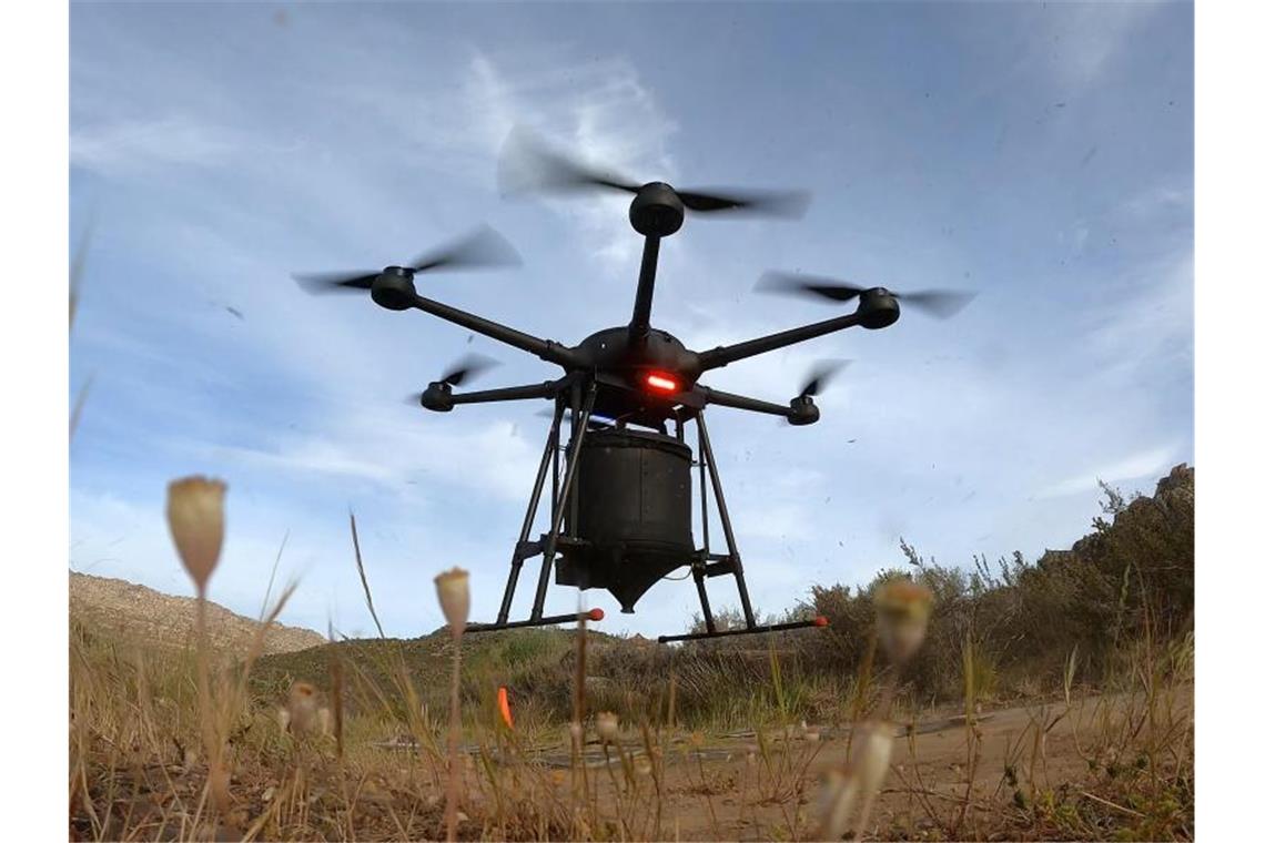 Drohnen und Spinifex: Wie Australien die Klimakrise bekämpft Ein Drohne, die zum Pflanzen von Bäumen genutzt wird. Umweltschützer versuchen, verbrannte und zerstörte Landschaften wieder grün zu machen - auch mit Hilfe von Drohnen. Foto: --/AirSeed/dpa
