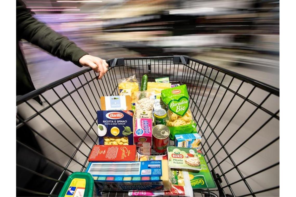 Ein Einkaufswagen wird durch einen Supermarkt geschoben. Die immer billiger werdenden Preise für Lebensmittel stehen in der Kritik. Foto: Fabian Sommer/dpa
