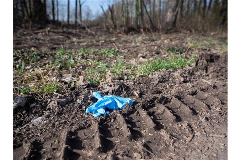 Ein Einmalhandschuh liegt nahe des mutmaßlichen Tatorts. Nachdem ein 13-jähriger Junge tot in der Nähe von Sinsheim gefunden worden ist, gehen die Ermittlungen der Polizei weiter. Foto: Sebastian Gollnow/dpa