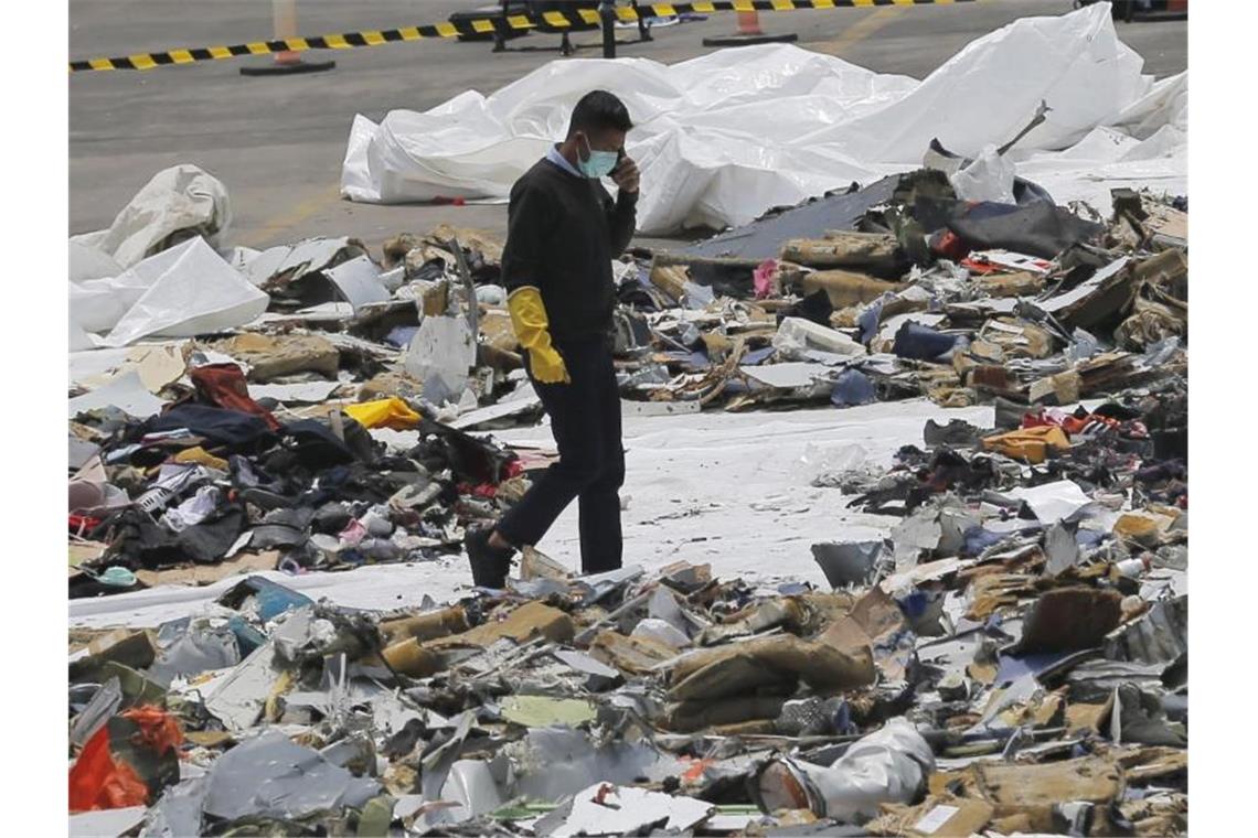 Ein Ermittler inmitten von Trümmern einer Boeing 737 Max der Fluggesellschaft Lion Air. Foto: Tatan Syuflana/AP/dpa
