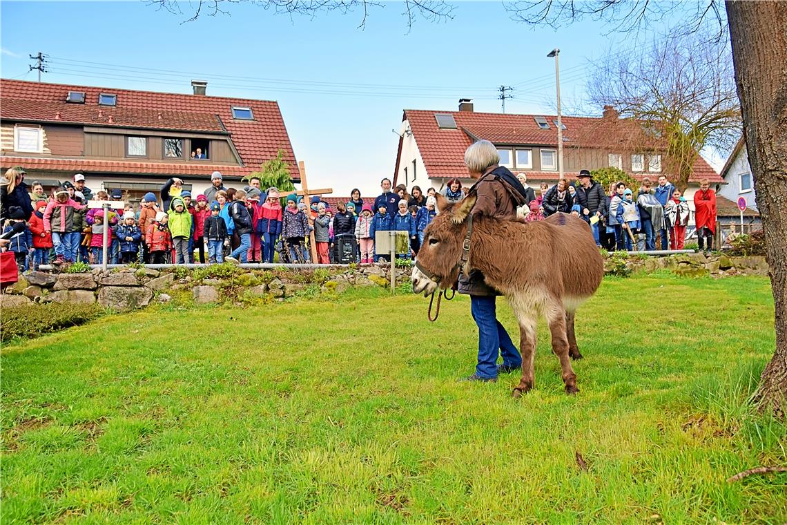 Ökumenischer Kinderkreuzweg in Aspach Ein Esel war mit dabei. Foto: Tobias Sellmaier