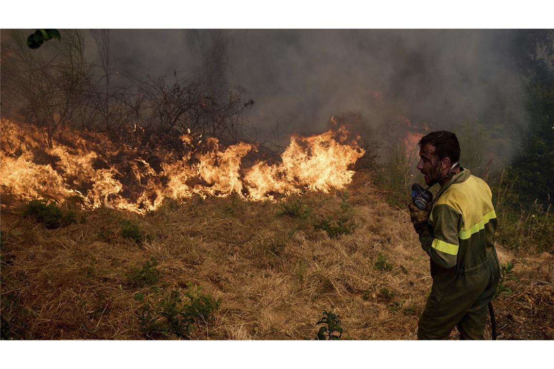 Ein Feuerwehrmann bekämpft ein Feuer, das sich auf das Dorf Rebordondo in der Nähe von Ourense im Nordwesten Spaniens ausbreitet.