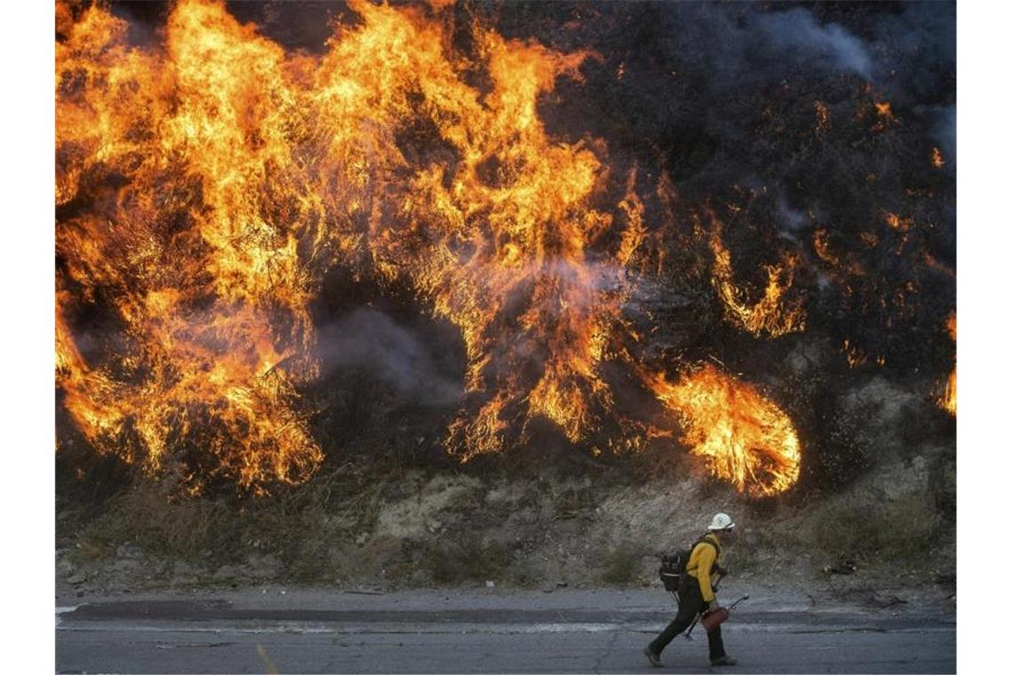 Ein Feuerwehrmann passiert im kalifornischen Newhall eine Wand aus Flammen. Foto: Noah Berger/AP/dpa