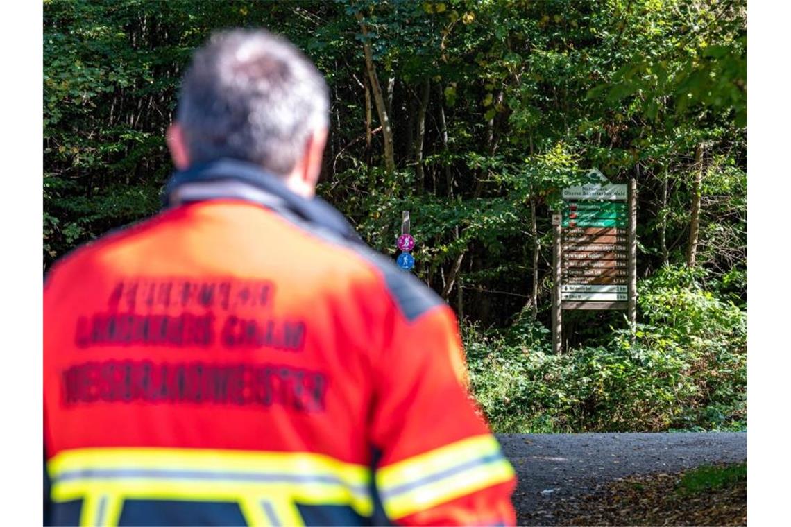 Ein Feuerwehrmann steht an einem Wanderweg nahe Waldmünchen. Foto: Armin Weigel/dpa