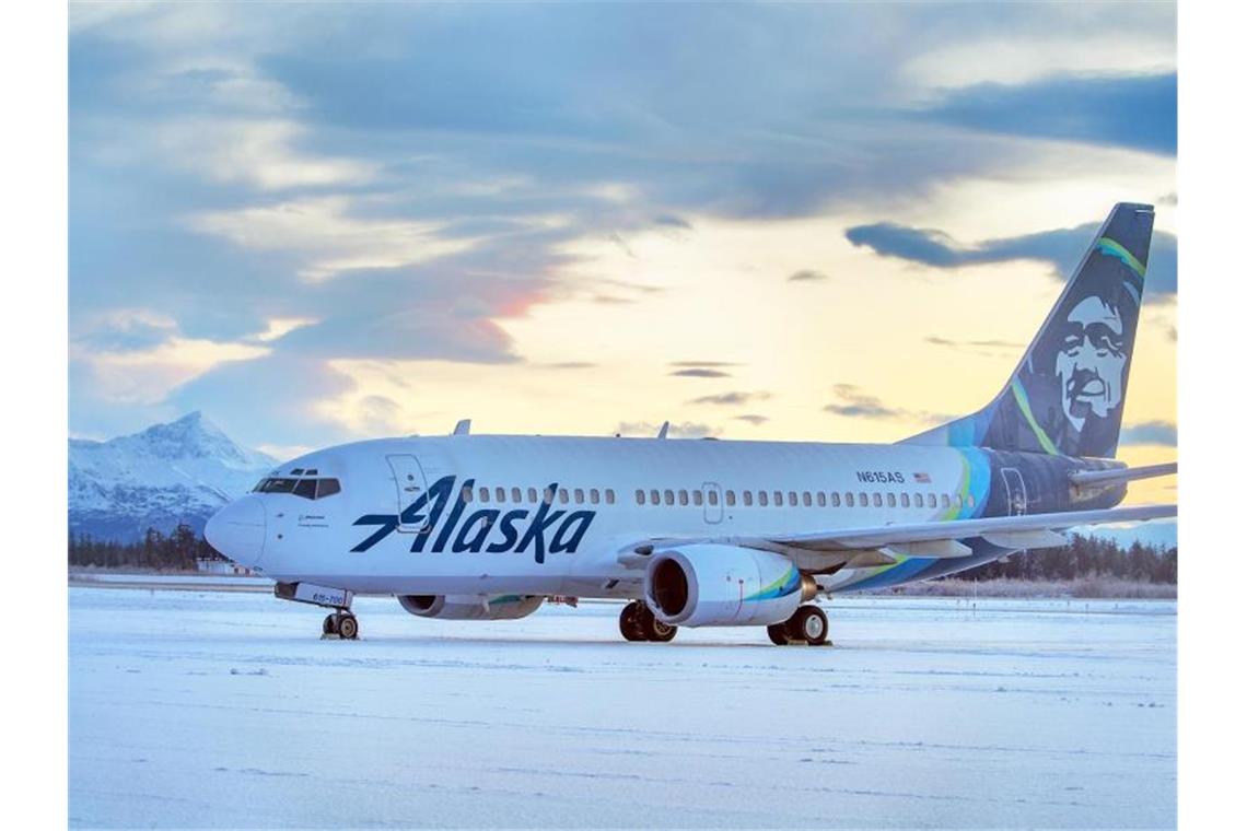 Ein Flugzeug der Alaska Airlines steht mit beschädigtem Triebwerk auf dem Flughafen von Yakutat. Das Flugzeug kollidierte beim Landen mit einem Braunbären. Das Tier starb. Foto: R E Johnson/AP/dpa