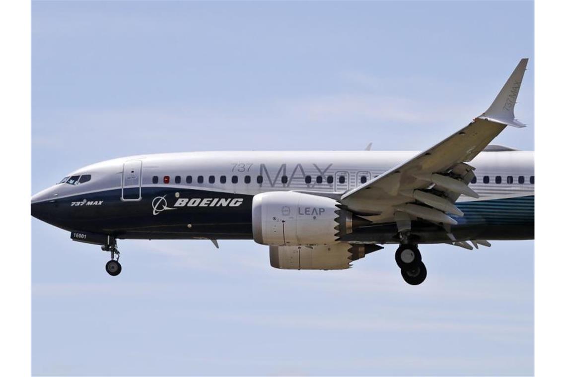 Ein Flugzeug vom Typ Boeing 737 Max befindet sich im Landeanflug. Foto: Elaine Thompson/AP/dpa/Archiv