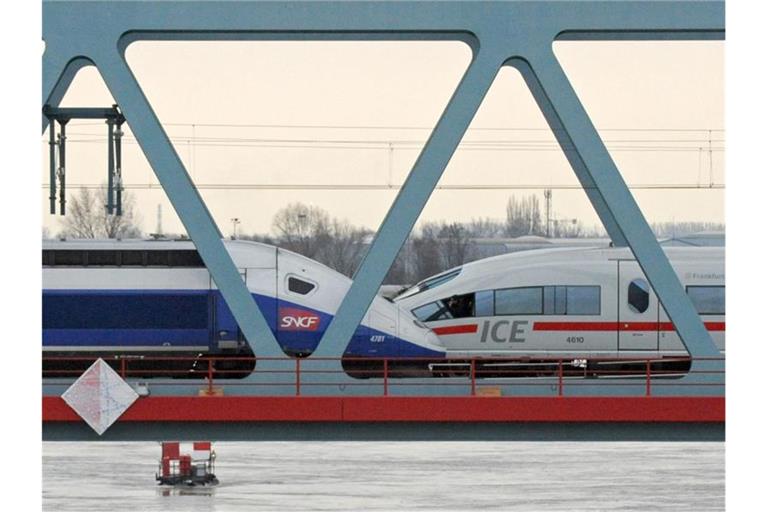 Ein französischer TGV und ein deutscher ICE begegnen sich auf der Rheinbrücke im badischen Kehl. Foto: Marijan Murat/dpa