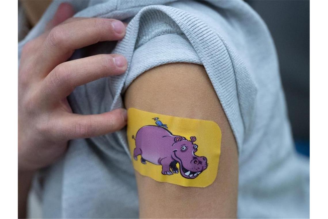 Gefahr sozialer Ausgrenzung als Grund für Kinder-Impfungen Ein gerade geimpftes Kind hat ein Pflaster mit einem Nilpferd-Motiv auf dem Arm. Foto: Bernd Weißbrod/dpa/Archivbild
