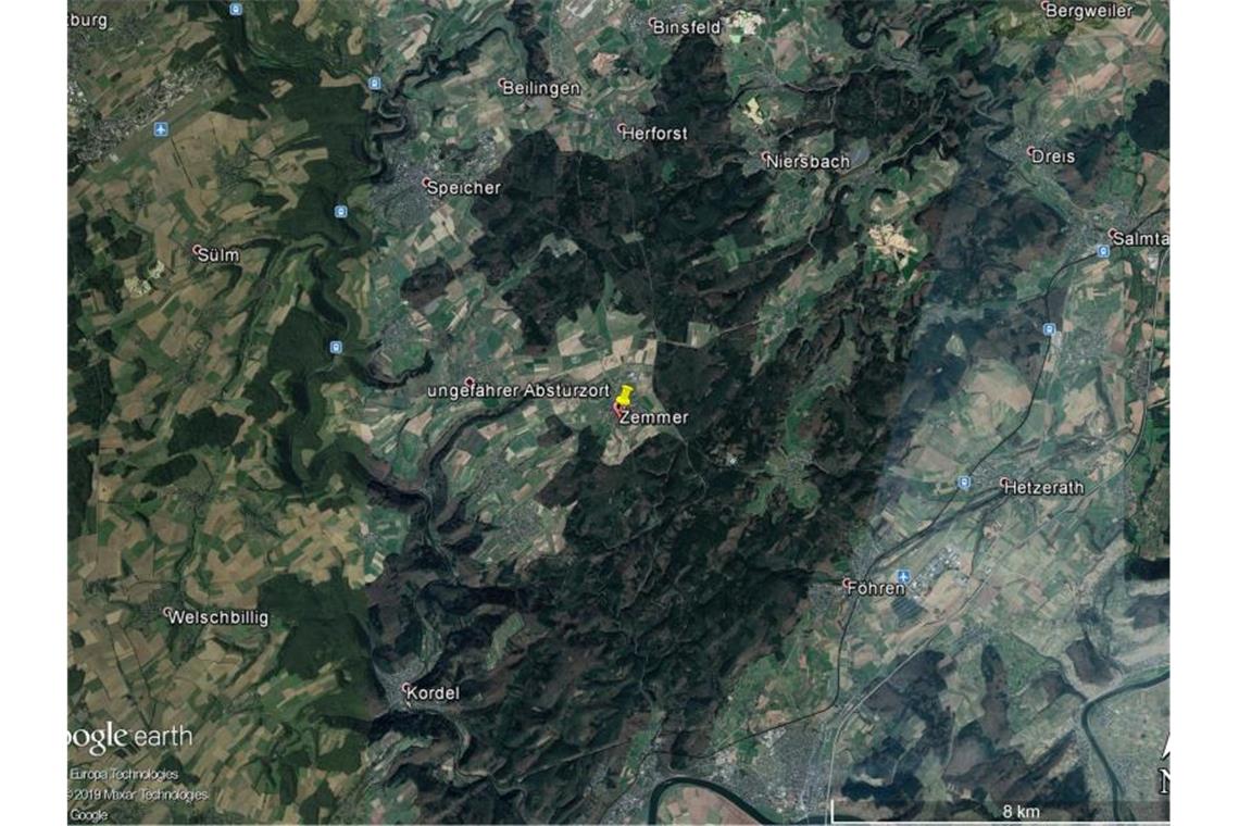 Ein Google-Earth-Screenshot zeigt den Ort Zemmer, wo das US-Militärflugzeug abstürzte. Foto: -/Google Earth/dpa