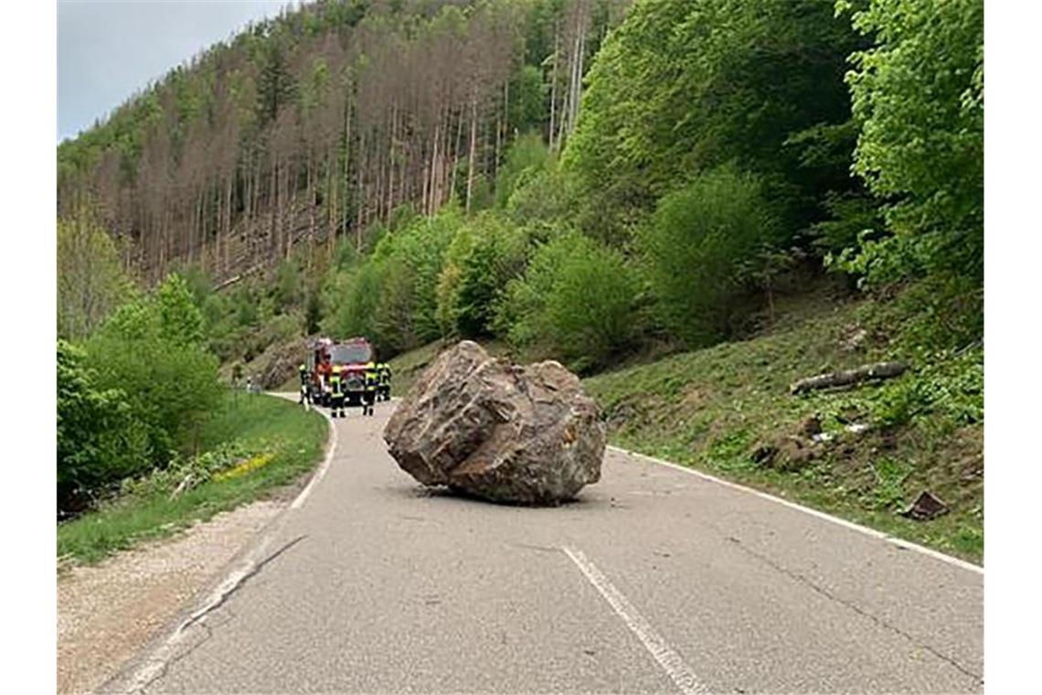 Ein großer Felsbrocken liegt auf der Landstraße 149 bei Todtnau. Foto: Klaus Merz/Baumamt Stadt Todtnau/dpa