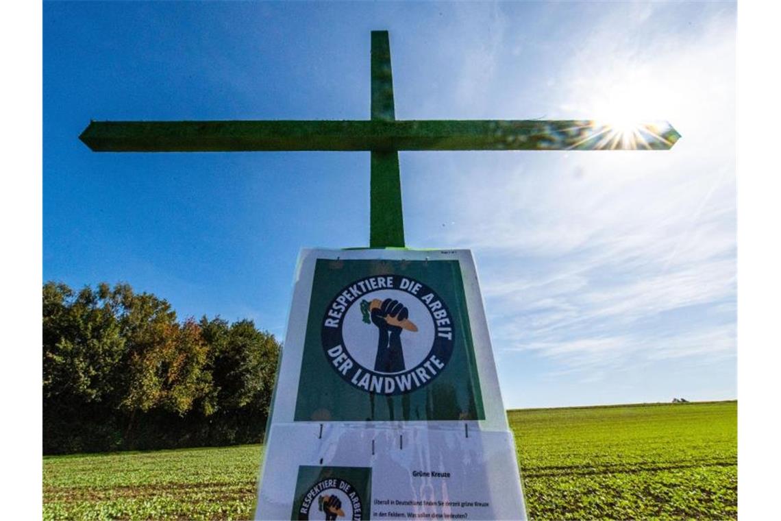Ein grün angesprühtes Holzkreuz steht am Rande eines Feldes. Foto: Lino Mirgeler