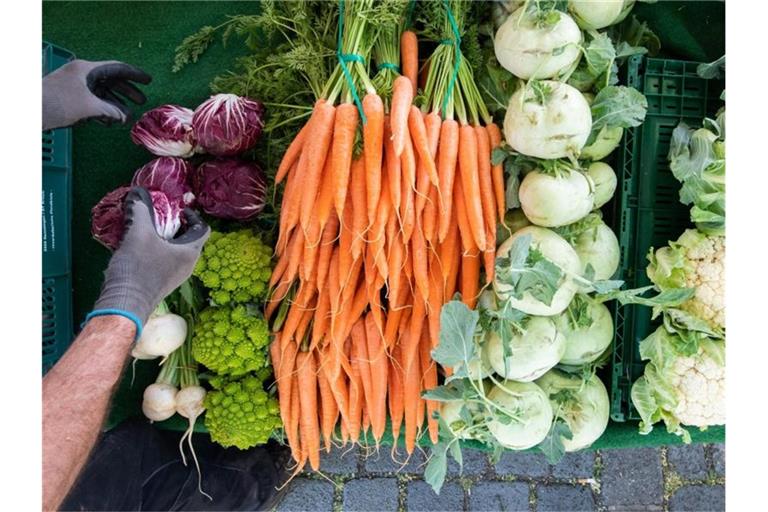 Ein Händler sortiert an seinem Verkaufsstand auf einem Wochenmarkt frisches Gemüse. Foto: Julian Stratenschulte/dpa