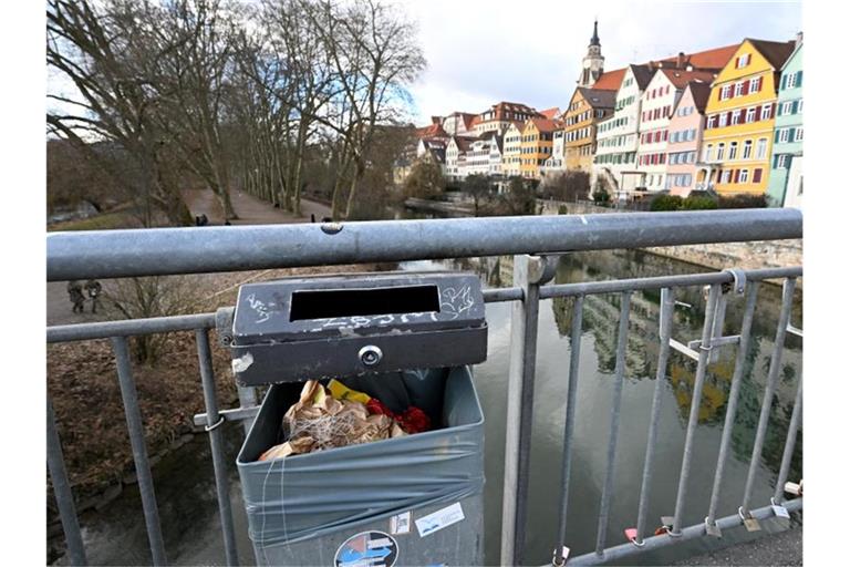 Ein halb gefüllter Mülleimer steht in der Innenstadt. Foto: Bernd Weißbrod/dpa/Archivbild