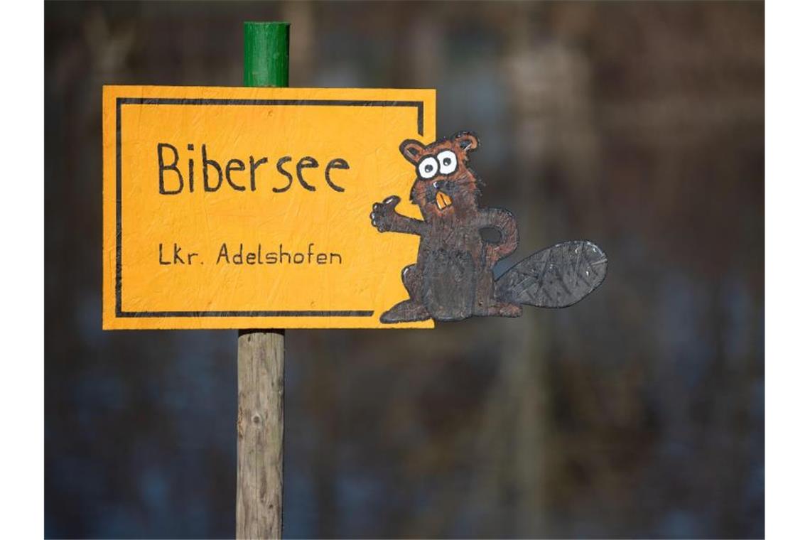 Ein handgemachtes Ortsschild verweist auf den „Bibersee“. Foto: Marijan Murat/dpa/Archivbild