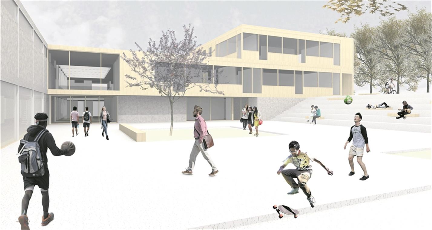 Ein helles Gebäude mit Platz zum Spielen und Chillen: So sieht der Entwurf des Architekturbüros Kamm aus Stuttgart die Conrad-Weiser-Schule in der Zukunft. Visualisierung: Kamm Architekten