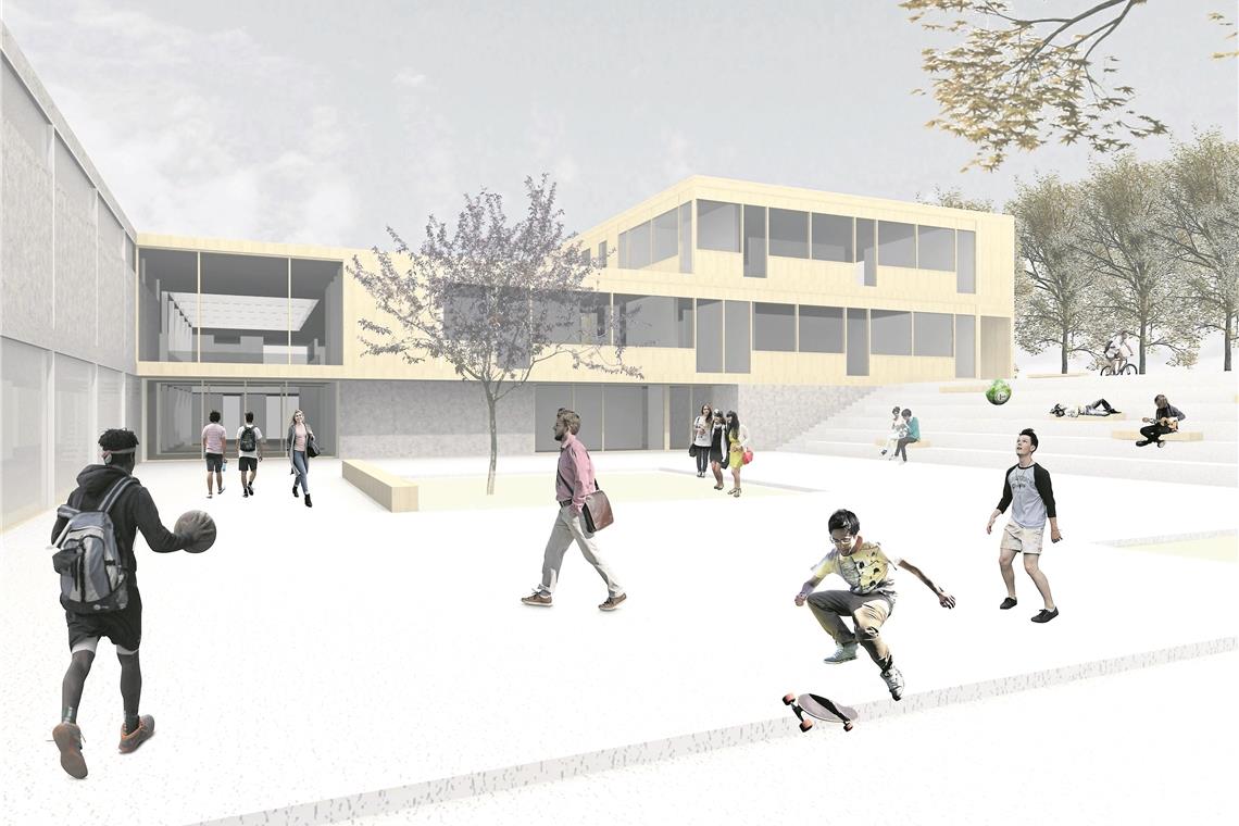 Ein helles Gebäude mit Platz zum Spielen und Chillen: So sah der Entwurf des Architekturbüros Kamm aus Stuttgart die Conrad-Weiser-Schule in der Zukunft. Visualisierung: Kamm Architekten 