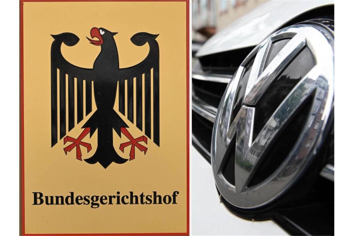 Ein Hinweisschild mit Bundesadler und Schriftzug Bundesgerichtshof (BGH) und ein VW Logo. Foto: Uli Deck/dpa/Illustration