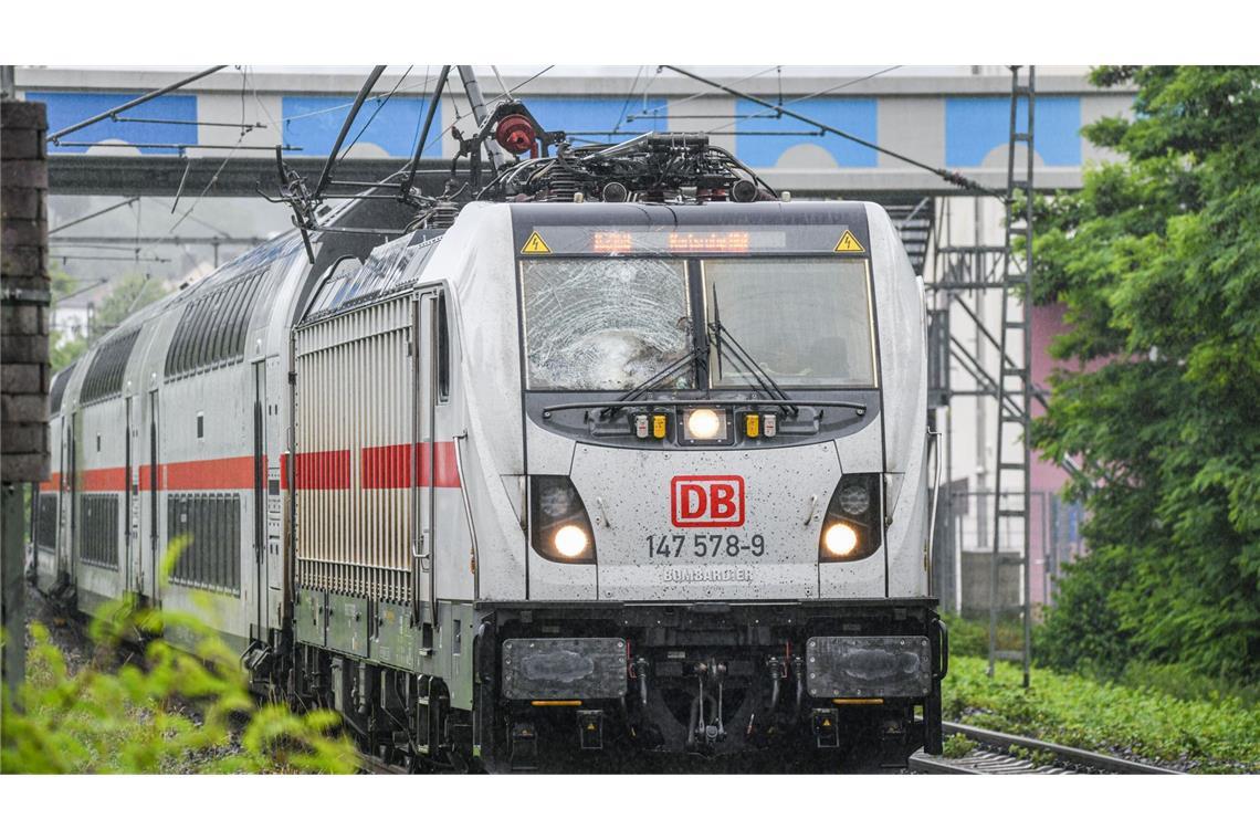 Ein Intercity steht auf freier Strecke, nachdem eine Oberleitung auf den Zug gefallen war.