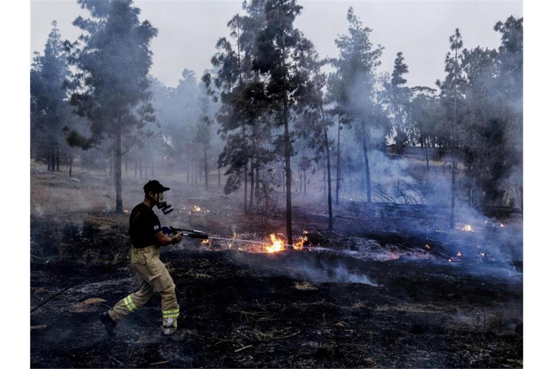 Ein israelischer Feuerwehrmann löscht ein Feuer in einem Waldgebiet, das durch einen aus dem Gazastreifen gestarteten Brandballon Feuer gefangen hatte. Foto: Tsafrir Abayov/AP/dpa