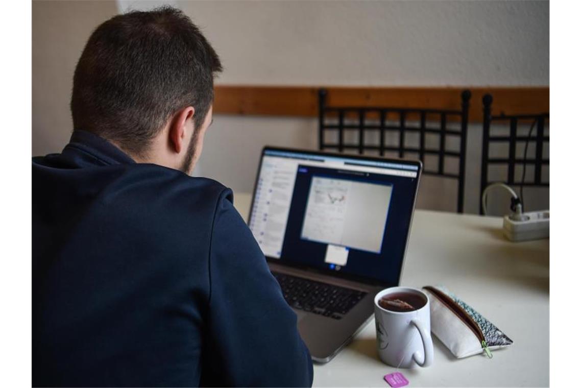 Ein junger Mann nimmt an einer Online-Vorlesung seiner Hochschule teil. Foto: Kira Hofmann/dpa-Zentralbild/dpa/Archivbild