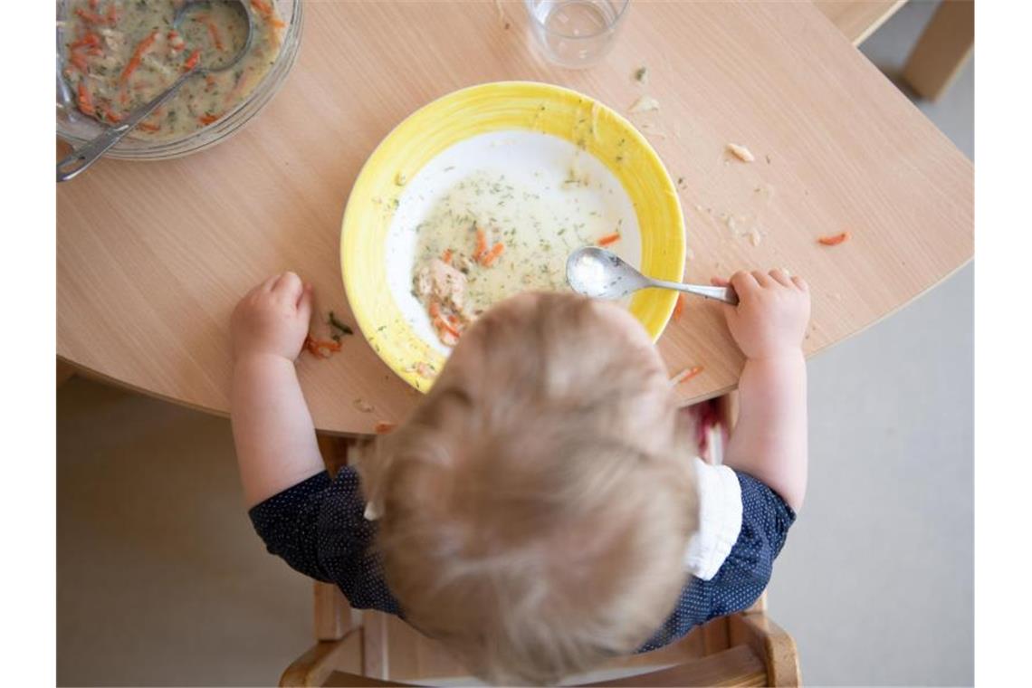 Ein Kind sitzt in einer Kinderkrippe am Tisch vor einem Teller. Foto: Sebastian Kahnert/dpa-Zentralbild/ZB/Archivbild