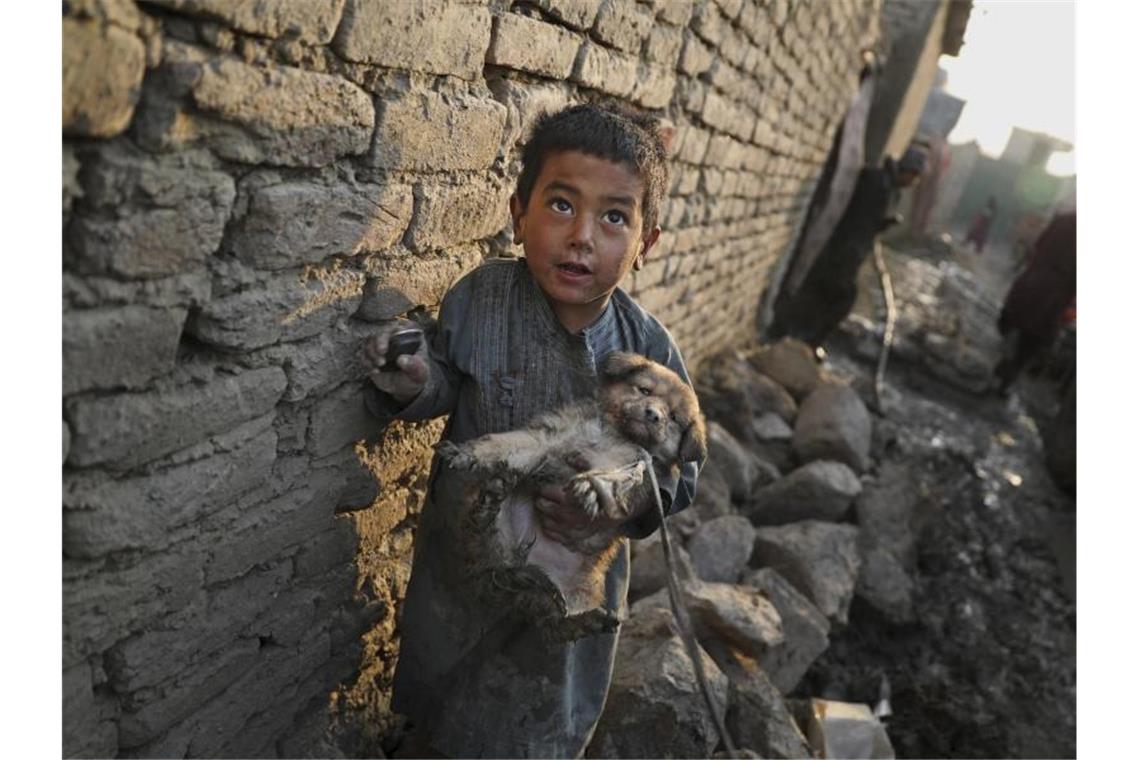 Ein kleiner Junge mit einem Welpen in einem Lager für Binnenvertriebene in Kabul. Foto: Altaf Qadri/AP/dpa