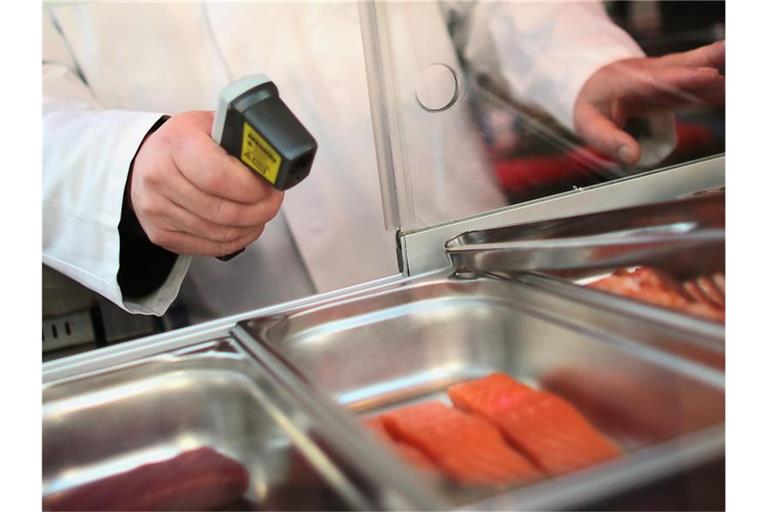 Ein Kontrolleur misst die Temperatur von Lachsfilets. Foto: Oliver Berg/dpa