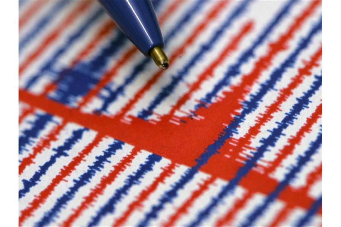 Erdbeben bei Straßburg auch in Deutschland zu spüren Ein Kugelschreiber zeigt auf den rot markierten Erdbeben-Ausschlag auf einem Seismographen-Ausdruck. Foto: picture alliance / dpa/Symbolbild