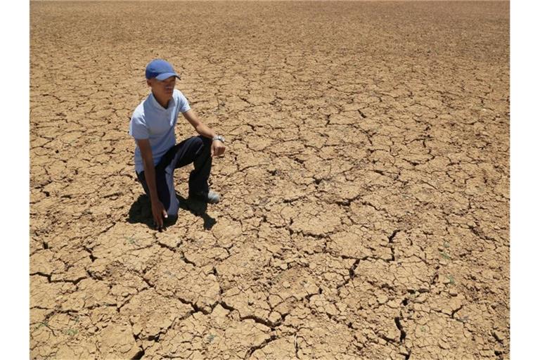 Ein Landwirt kniet auf dem Boden eines ausgetrockneten Wasserlochs in Südafrika. Foto: Denis Farrell/AP/dpa