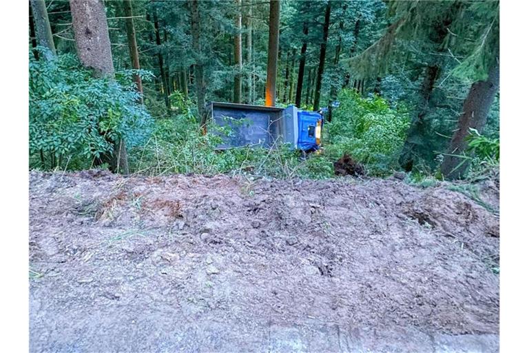 Ein Lastwagen liegt bei Seebach (Ortenaukreis) in einem Waldstück. Foto: Marco Dürr/Einsatz-Report24/dpa